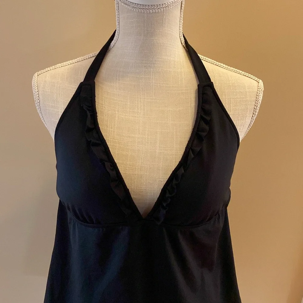 Bisou Bisou Black Ruffled Halter Tankini Top XL